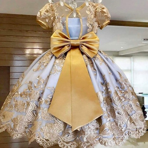 Easter Dress 🩵 Flower Girl Spring Blue Tulle Gold Lace Pageant Gown - Kids 5 - Picture 2 of 5
